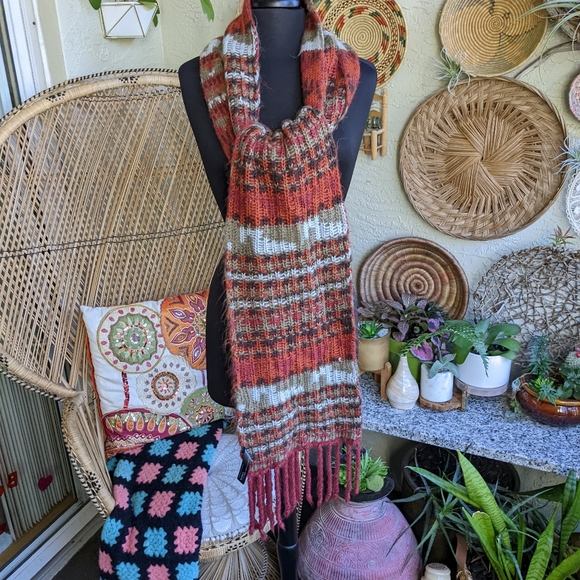 Urban Outfitters Rust Orange Red Winter Scarf Super Long Aztec Fuzzy Knit - Picture 7 of 16